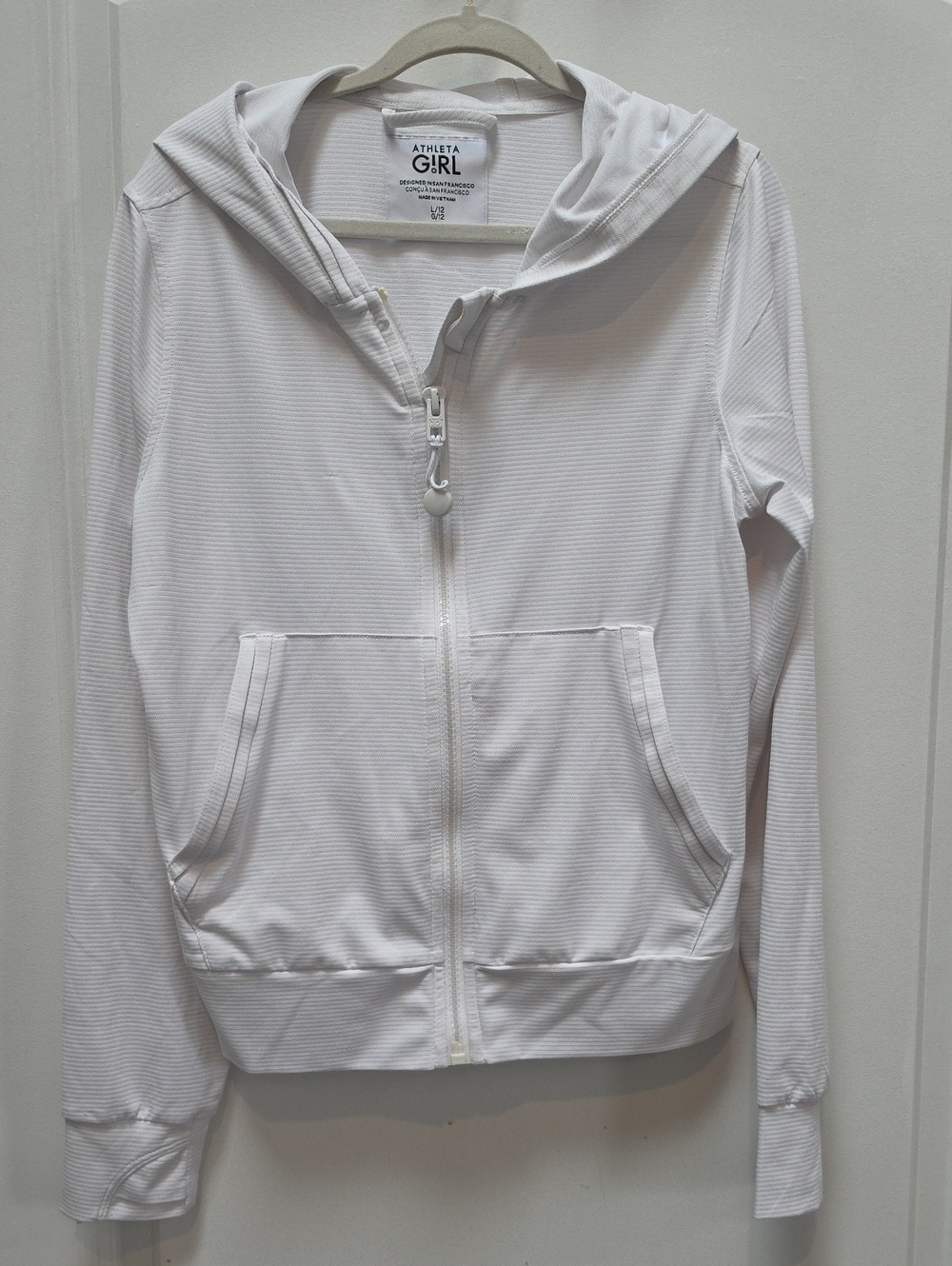 Athleta Girl White Hooded Zip-Up Jacket with Subtle Stripe